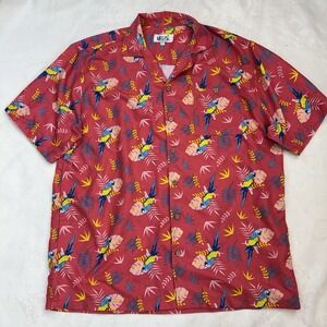 Uzzi Hawaiian Shirt Pink Parrot Print Tropical Camp Collar Mens L